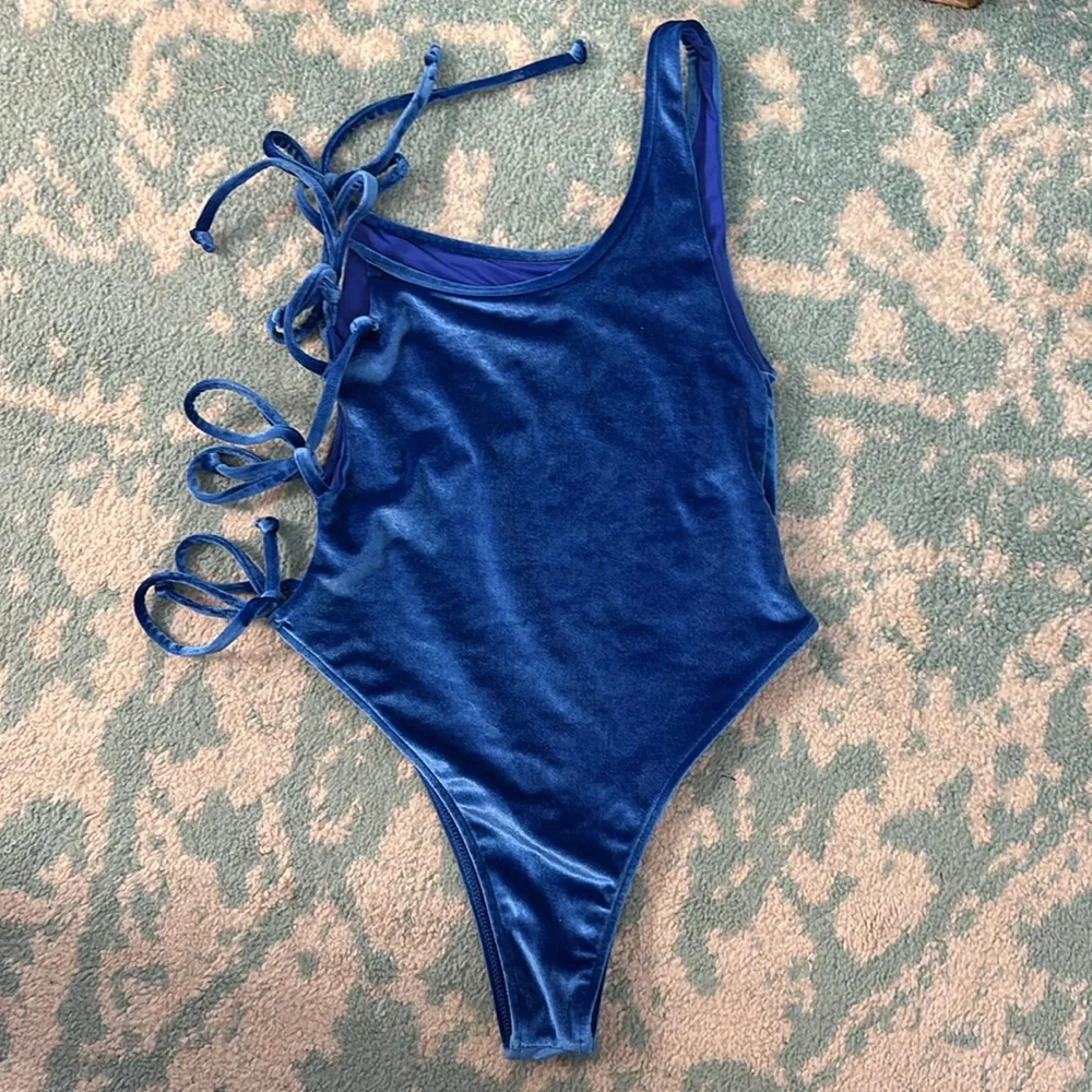 Frankie’s blue velvet one piece swimsuit